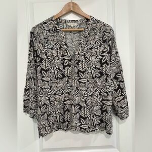 Part Two Brown and White Leaf Print Blouse 3/4 Sleeve Split Neck Top